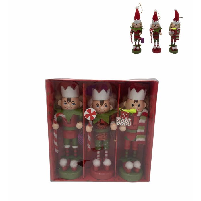 DKD Home Decor Decoración Colgante Navidad Elfo Tradicional Madera Multicolor Set de 3 piezas 8x8x12.5 cm