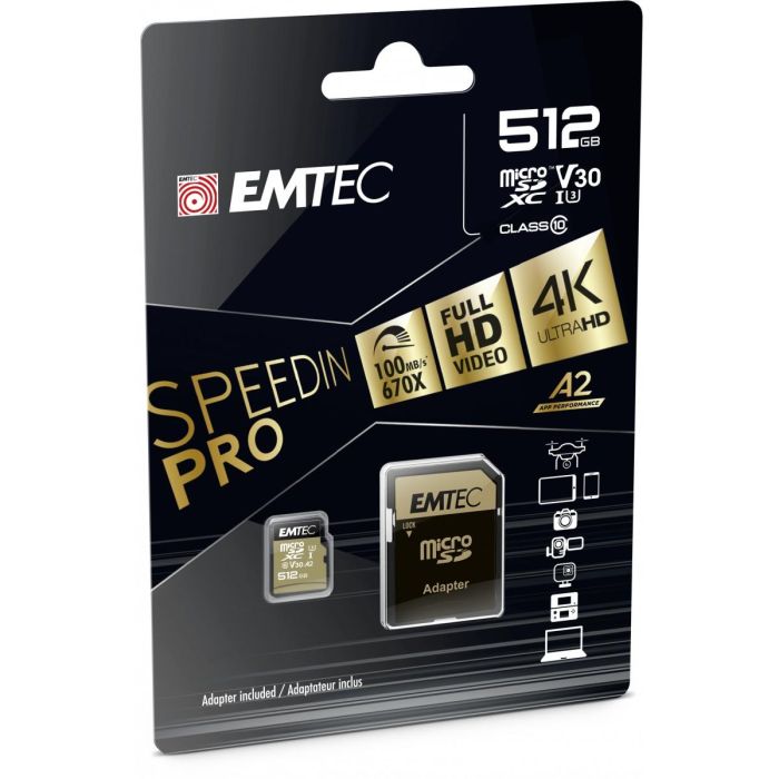 CARD Emtec m512GB UHS-I U3 V30 A2 SpeedIN Pro + Adapter 1 CARD Emtec m512GB UHS-I U3 V30 A2 SpeedIN Pro + Adapter 1