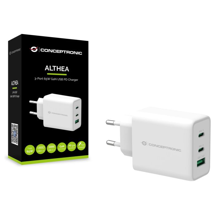 Conceptronic ALTHEA12W Cargador USB-C PD 3.0 65W con Tecnología GaN para MacBook, iPad, iPhone, Samsung Galaxy y más, Color Blanco 3