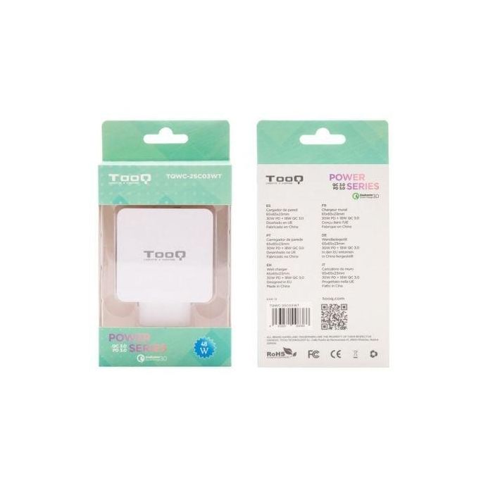 TooQ TQWC-2SC03WT Cargador de Pared 48W con Doble Puerto USB-C Power Delivery y USB-A Quick Charge 3.0 Blanco 4 TooQ TQWC-2SC03WT Cargador de Pared 48W con Doble Puerto USB-C Power Delivery y USB-A Quick Charge 3.0 Blanco 4