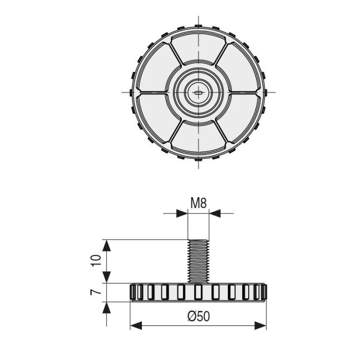 HERRAJES ALK Pie Nivelador Rido Ø50 M8X10 Gris Claro 1