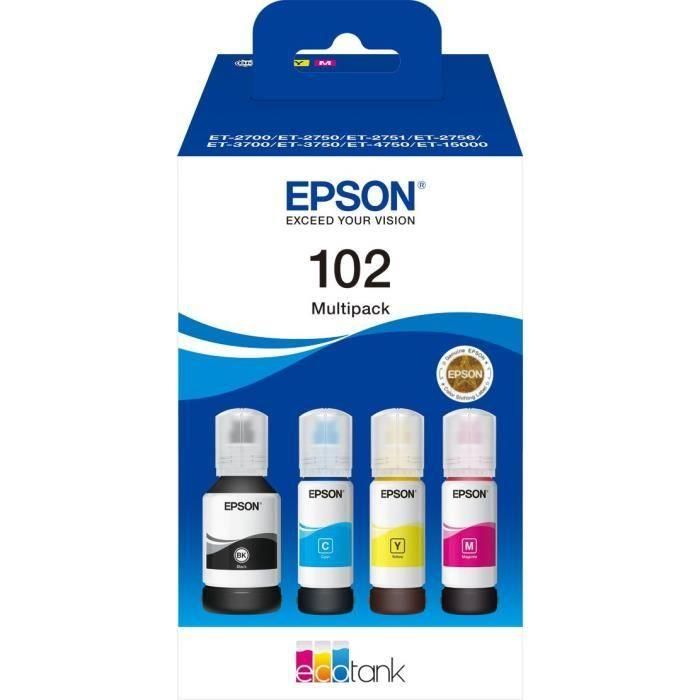 Epson Tinta Bote Bk - C - M - Y Et-4750 Unlimited, Et-4750, Et-3750 Unlimited, Et-3750,Et-3700, Et-2756, Et-2751, Et-2750 Unlimited, Et-2750, Et-2700, Et-15000 - Nº 102