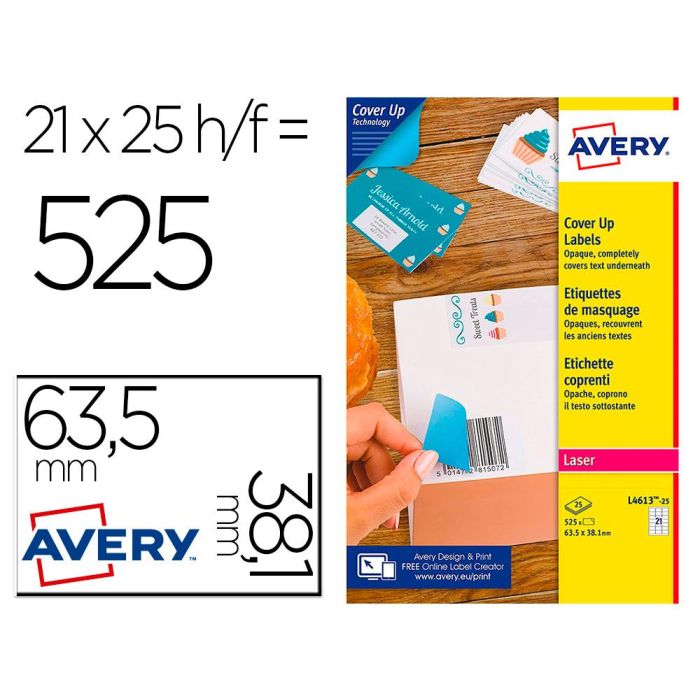 Etiqueta Adhesiva Cubriente Avery Permanente Para Impresora Laser Blanca 63,5X 38,1 mm Caja De 525 Unidades