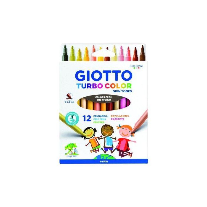 Giotto Rotuladores Turbo Color Skin Tones lavables, punta bloqueada, caja de 12 colores surtidos