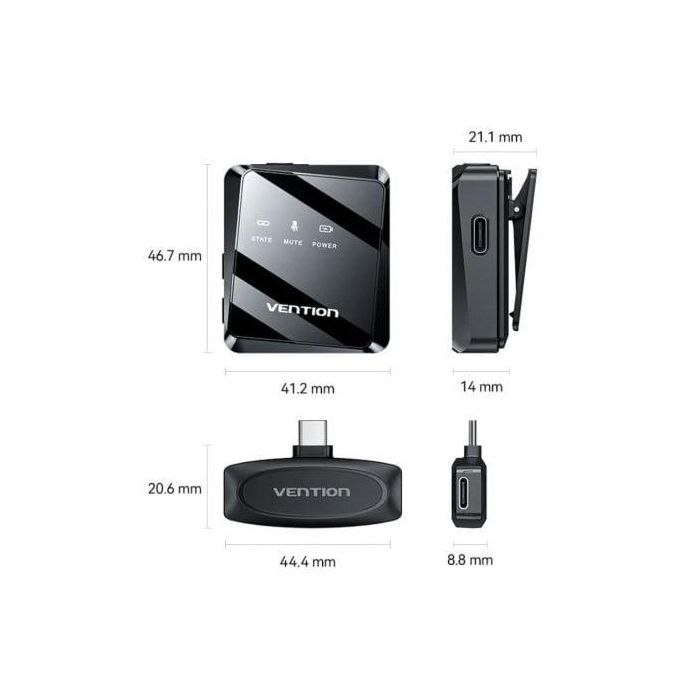 Vention NCBB0 Micrófono Inalámbrico de Clip USB-C 2 unidades con Receptor para Smartphones/Tablets, Cancelación Ruido, 26h Batería, 50m Rango, Negro 1