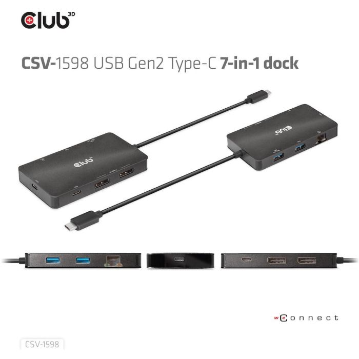 Club3D CSV-1598 Hub USB-C 7 en 1: 2xDisplayPort 4K60Hz, 2xUSB, 2xUSB-C, LAN Gigabit Ethernet, PD 100W 3 Club3D CSV-1598 Hub USB-C 7 en 1: 2xDisplayPort 4K60Hz, 2xUSB, 2xUSB-C, LAN Gigabit Ethernet, PD 100W 3
