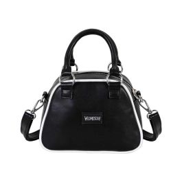 Wednesday Miércoles Bolso Bowling Fashion Varsity Casual Negro con Bandolera Ajustable, Asas Cortas de PVC y Cierre Cremallera Wednesday Miércoles Bolso Bowling Fashion Varsity Casual Negro con Bandolera Ajustable, Asas Cortas de PVC y Cierre Cremallera
