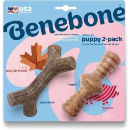 Benebone Puppy Pack de 2 juguetes duraderos para masticar cachorros, sabor a tocino, madera de arce real