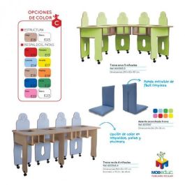 Mobeduc Trona Arco 600565.5H196 para 5 Niños/as, Mesa Infantil con Asientos, Estructura de Madera MDF, Encimera HPL, 200x65x107 cm