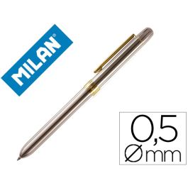 Boligrafo Milan Multifuncion Cromado Adornos Dorados Azul-Rojo-Portaminas 0,5 mm- Goma De Borrar En Caja Metal