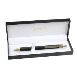 Boligrafo Belius Potsdam Negro Y Dorado Cuerpo Fibra Carbon Tinta Gel Azul En Estuche