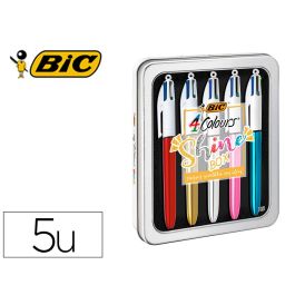 Boligrafo Bic Cuatro Colores Shine Box Caja Metalica 5 Unidades Surtidas