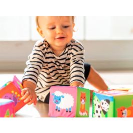 Diset Juego de Mesa Bloques Blanditos para Bebés de 0 a 24 Meses, 6 Cubos de Tela Educativos con Escenas de Animales y Carreteras, Lavables