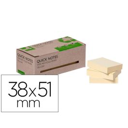 Bloc De Notas Adhesivas Quita Y Pon Q-Connect 38x51 mm 100% Papel Reciclado Amarillo En Caja De Carton 12 unidades