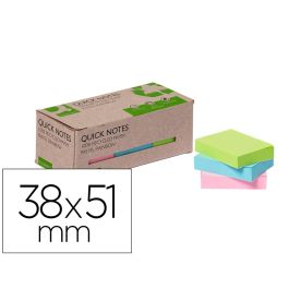 Bloc De Notas Adhesivas Quita Y Pon Q-Connect 38x51 mm 100% Papel Reciclado Colores Pasteles En Caja De Carton 12 unidades