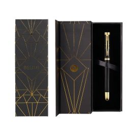 Pluma Belius Soiree Aluminio Color Art Deco Negro Y Dorado Tinta Azul Caja De Diseño