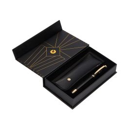 Pluma Y Estuche Belius Soiree Color Art Deco Negro Y Dorado Tinta Azul Caja De Diseño