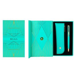 Pluma Y Estuche Belius Soiree Color Art Deco Turquesa Dorado Tinta Azul Caja De Diseño