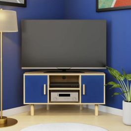 Gabinete de TV de la esquina de Lila - 2 puertas - Decoración de melamina azul - Pies de madera sólida - L90 x D35 x H55 cm