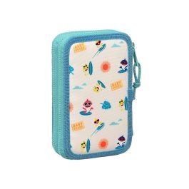 Plumier Doble Baby Shark Surfing Azul Blanco 12.5 x 19.5 x 4 cm (28 piezas)