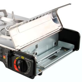 Com Gas Cocina portátil compacta 2 fuegos butano para camping, acero inoxidable, 2+2 kw, piezoeléctrico