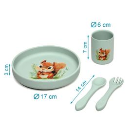 KioKids Set Vajilla de Silicona con Ventosa para Bebé +6 Meses, Plato, Vaso y Cubiertos Flexibles, Diseño Ardilla Verde, Ideal para Baby-Led Weaning (BLW) y Alimentación Autónoma