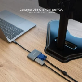 Nano Cable 10.16.4303 Conversor USB Tipo-C Macho a HDMI Hembra y VGA Hembra 15cm Gris