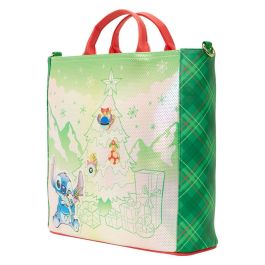 Loungefly Bolso Tote Holiday Stitch Disney Cuero Sintético Nacarado 33x33x10cm con Correa Ajustable y Pins Esmaltados
