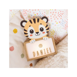 Wondee Lampara de Noche Infantil Personalizable Little Tiger de Madera Sostenible Luz Quit Miedos