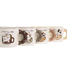DKD Home Decor Taza Scandi de Porcelana/New Bone 335ml con Gatos Beige Marrón Apta Microondas Lavavajillas (12 Uds)