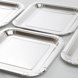 Set de 10 platos de cartón plata cuadrados 20 cm Algon (18 Unidades) Set de 10 platos de cartón plata cuadrados 20 cm Algon (18 Unidades)