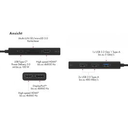 ICY BOX IB-DK4011-CPD Docking Station USB-C 9-en-1 con Power Delivery 100W, Lector Tarjetas MicroSD, HDMI, DisplayPort