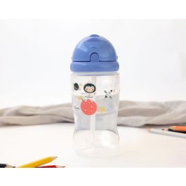 KioKids Botella para Bebés con Pajita de Silicona Higiénica Antiahogo 350 ml Azul Vuelta al Cole +6 Meses Sin BPA