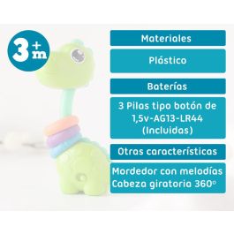 KioKids Mordedor Musical Dinosaurio Multicolor para Bebés con Sonajero, Gira 360º, Plástico Verde, Alivia Dentición +3 Meses