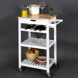 Home Deco Factory Mesa Camarera Con Ruedas Blanca Essentiel - 40x62,5 cm; h.85,5 cm, Cajón, Botellero y Dos Baldas