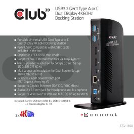 Club 3D Docking Station 4K 60Hz USB 3.0 a 6x USB 3.0 / 2x DisplayPort / LAN / Audio Negro