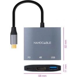 NANO CABLE 10.16.4306 Conversor USB-C a HDMI, USB-A 3.0 y USB-C PD, 0.15M, Gris