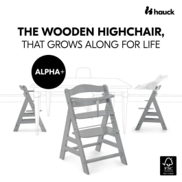 Hauck Silla Alta de Madera Escalable Alpha + / Gris para Bebé y Niños, Arnés 5 Puntos, Estante Extraíble, Desde 6 Meses hasta 90 Kg