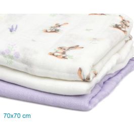 KioKids Set 3 Muselinas Conejitos, Lavanda y Blanco 70x70 cm Bambú y Algodón Certificado Oeko-Tex