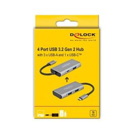DeLOCK Hub USB 3.2 Gen 2 Tipo C Externo - 10 Gbps con 3 Puertos USB-A y 1 Puerto USB-C, Aluminio, Color Negro/Gris, Longitud de Cable 0.12 m