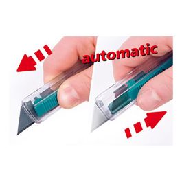 Wolfcraft 4135000 Cúter de Seguridad de Plástico con Cuchilla Trapezoidal, Uso Profesional/Doméstico, Ideal para Abrir Cajas de Cartón y Cortar Cartulina
