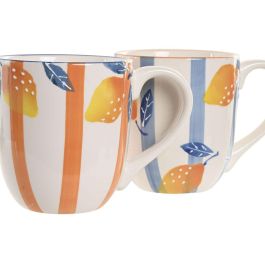 DKD Home Decor Mug Mediterraneo Gres Azul Amarillo Blanco Naranja 10.5 x 11.5 x 16 cm (4 Unidades)