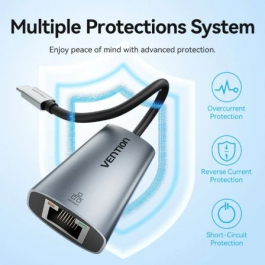 Vention CFPHB - Adaptador USB Tipo-C a RJ45 Gigabit Ethernet 10/100/1000Mbps Gris, Carcasa Aluminio