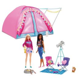 Barbie Hgc18 Set Camping con Muñecas Malibu & Brooklyn Roberts, Tienda de Campaña y Accesorios. Incluye Sillas, Telescopio, Hoguera