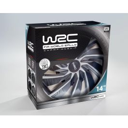WRC Juego de 4 Tapacubos Bicolores 14 Pulgadas Negro Mate y Gris Plateado Diseño Deportivo TURBO en ABS