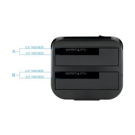 TooQ TQDS-802 Dock Station para 2 Discos Duros SATA 2.5 y 3.5 pulgadas, USB 3.0 (5 Gbit/s), Función Clonación OTB, Negro