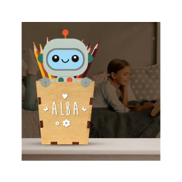Wondee Portalápices Personalizable de Madera Robot, Cubilete Infantil para Lápices y Útiles Escolares, 10x19 cm, Materiales Sostenibles