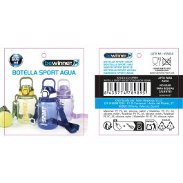 Inde Botella de Agua Sport 600 ml con Colgador, 8.9 x 17.3 x 9.5 cm (12 Unidades)