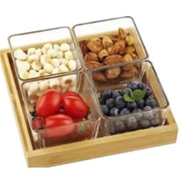 DKD Home Decor Tabla de Aperitivos Básicos Set de 5 Piezas Bambú y Cristal Natural 21x21x6 cm con Cuencos de 280ml