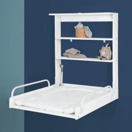 Roba Cambiador Plegable de Pared con Colchón Impermeable, 2 Estantes Integrados, Madera Lacada en Blanco